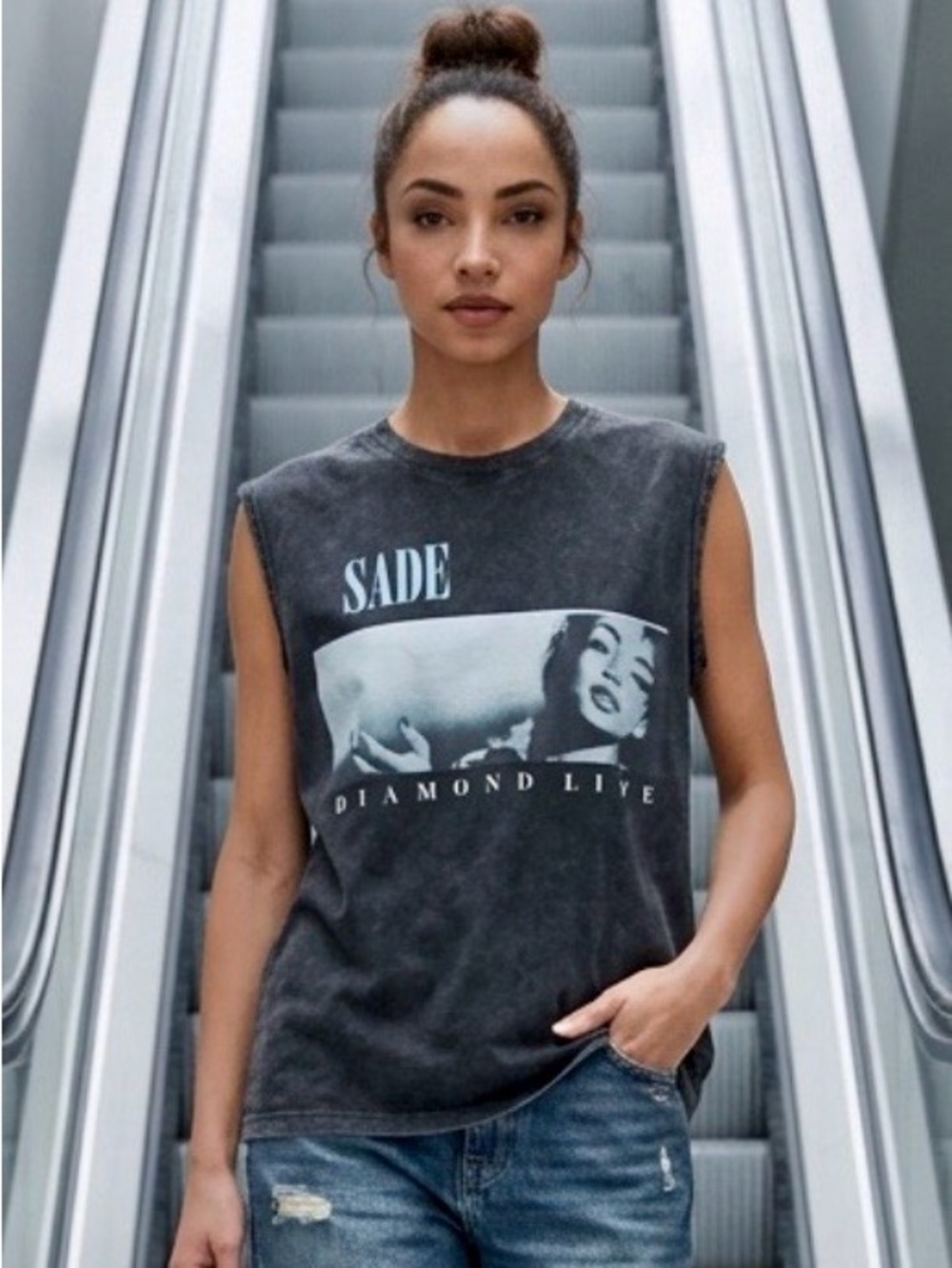 Oversized Washed Black Sade Diamond Life Graphic Muscle Tee - Women/Unisex S